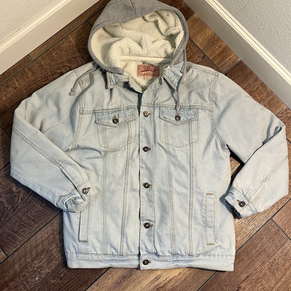Trademark Brooklyn Cloth Hooded Denim Jacket Mens L Sherpa Casual Faded Cotton